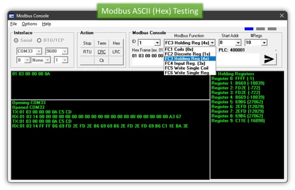 Modbus Console Modbus ASCII Hex Display