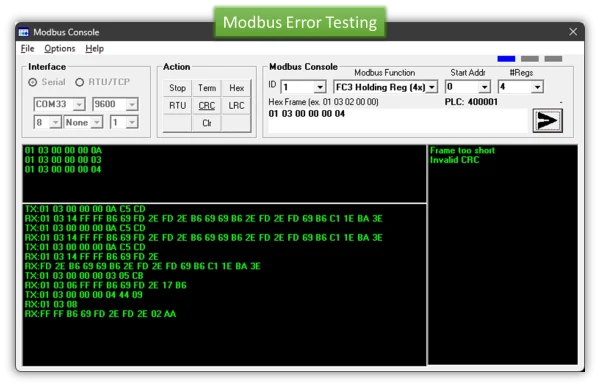 Modbus RTU Testing catch errors