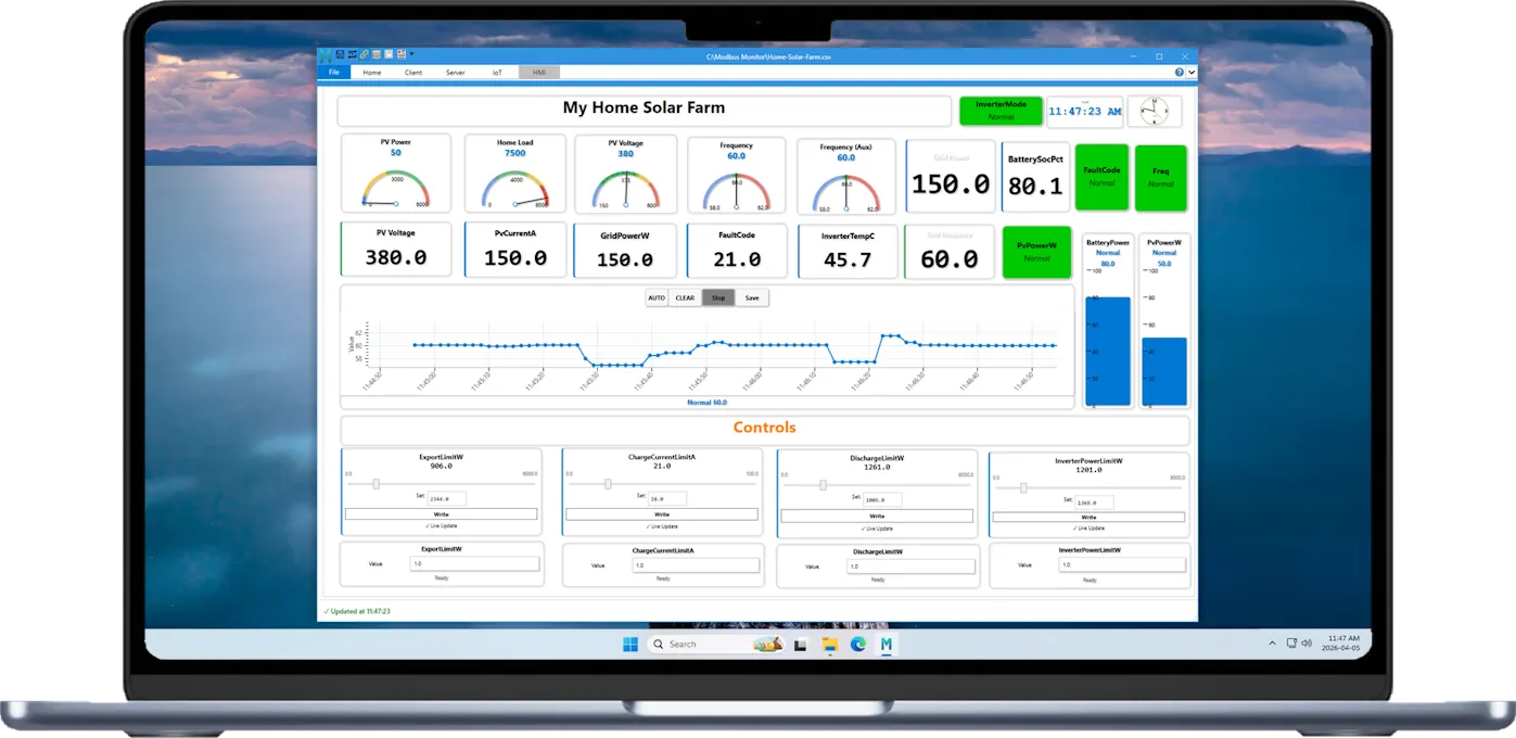 Modbus Monitor XPF HMI dashboard with gauges trends and controls